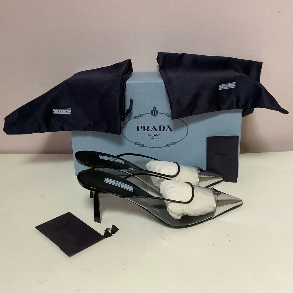 BRAND NEW IN BOX PRADA MODELLERIE CLEAR METALLIC HEELS sz.38/8